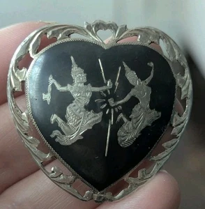 Vintage Siam Sterling Heart Black Niello Brooch Pin Lightning Goddess Love Art - Picture 1 of 17