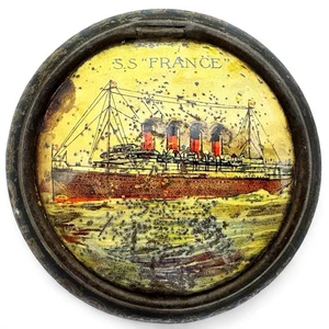 S.S. France Round Tin Souvenir Lithographed Container Cruise Ship Memorabilia - Picture 1 of 7