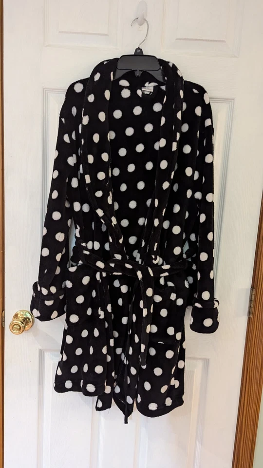 Croft & Barrow Plush Wrap Robe Black White Polka Dot Pockets Euc Sz M - Image 1 of 1