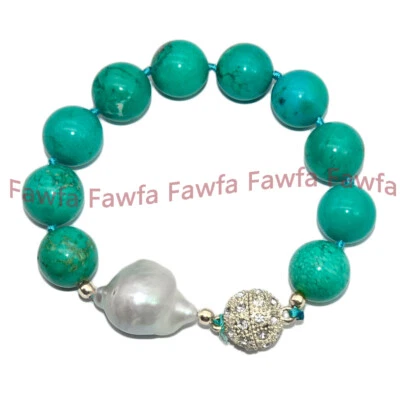 12mm Natural Green Turquoise Round Gems Beads White Keshi Baroque Pearl Bracelet - Изображение 1 из 4