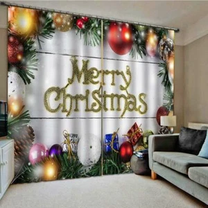 2 PANELS MERRY CHRISTMAS XMAS WINDOW CURTAIN KITCHEN CURTAIN WINDOW DRAPES - Picture 1 of 8