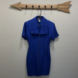 Dawn Joy | Vintage 80s Royal Blue Wiggle Dress Buttoned Size 12 Short Sl Midi  - Picture 1 of 6