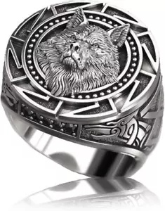 Silver Color Ring Retro Wolf Totem Thai Silver Ring Warrior Wolf Head Men's Ring - Picture 1 of 4