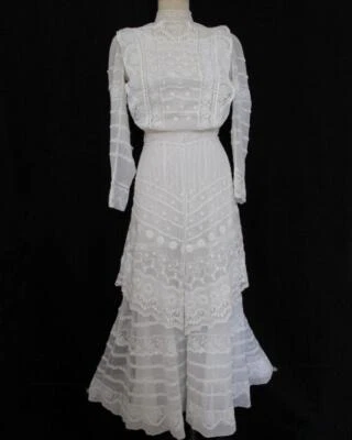 Antiguo Vestido Eduardiano Blanco Bordado Malla XXS Pouter Paloma Cintura Sobrefalda Foto 1 de 4