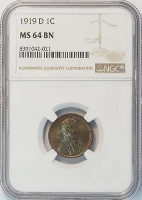1919 D Lincoln Wheat Small Cent MS 64 BN NGC 1C US COIN PENNY - Image 1 of 4