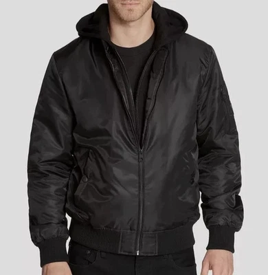 Guess Mens Black Streetwear Outdoor Removable Hooded Bomber Jacket Size Large - Image 1 of 4