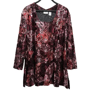 Chico's XL Velvet Burnout Tunic Blouse Boho Artsy Burgundy Paisley Size 3 - Picture 1 of 6