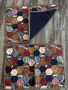 2 VTG Patchwork Quilt Placemats Blue Trim Apples Country Cottagecore Cow Chicken - Picture 1 of 5
