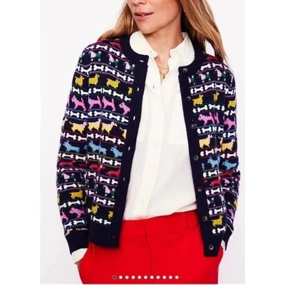 Cárdigan Suéter Boden Edie Fair Isle Perro Lana Abotonada Azul Marino M Preppy Dopamina Foto 1 de 4