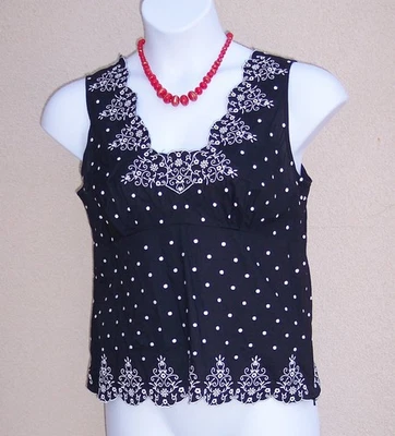 Harold's black & white eyelet lace top shirt size L polka dot scallop blouse - Image 1 of 4