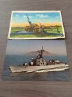 Lot Of 2 MILITARY Postcards ~ USA-37 Anti-Aircraft Guns LINEN & USS Bradley