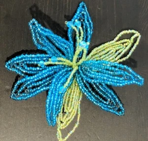 Large Sparkling Blue Green Seed Bead Bendable Flower Brooch Pin Statement Piece - Picture 1 of 6