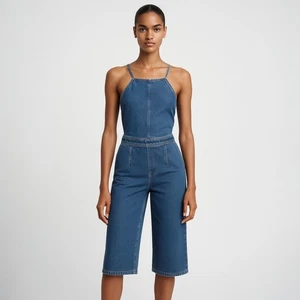 ASOS Women's Blue Sleeveless Lace Up Back Wide Leg Capri Denim Jean Jumpsuit 2 - Picture 1 of 5