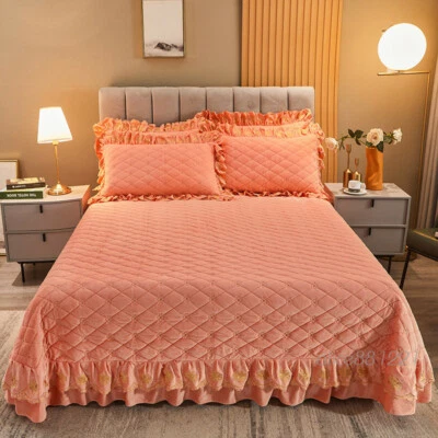 Embroidered Thick Crystal Velvet Bedspread Set Quilted Queen King Size Coverlets - Image 1 of 4