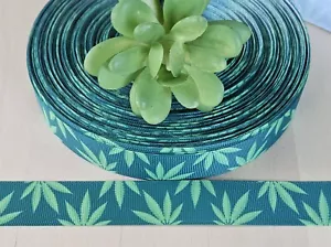 7/8" (1 YD) Cannabis Grosgrain RIbbon Hemp Green Leaf Marijuana Lanyard Ribbon - Picture 1 of 1