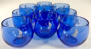 HAZEL ATLAS Cobalt Blue Ritz Roly Poly Cocktail Glass White Sailboat Vtg Set/9 - Picture 1 of 7