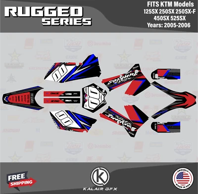 Kit de gráficos para KTM 125SX, 250SX, 250SX-F, 450SX, 525SX (2005-06) robusto-vermelho azul - Imagem 1 de 4