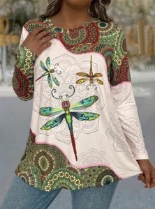 PLUS 18 20 22 24 MULTICOLOUR DRAGONFLY TOP BLOUSE T SHIRT TUNIC STRETCHY - Picture 1 of 3