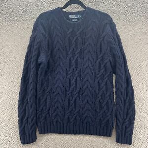 Polo Ralph Lauren Sweater Mens Small Blue Cable Knit Cotton Pullover Hand Knit