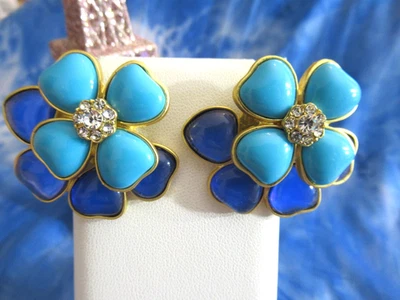 Gripoix Style Flower Earrings Gold Turquoise Blue Resin Pierced Runway Statement - Image 1 of 4
