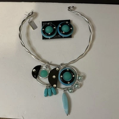 Unworn Large Jeff Lieb Black and Blue Metal Statement Necklace And Earrings - Image 1 of 4