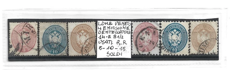 lomb. veneto 4° emissione dentell. 14 e 9 1/2 usati 5-10-15 soldi rari - Immagine 1 di 1