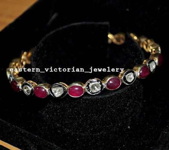 Stunning 2.30ctw Antique Cut Diamond Ruby Vintage Silver Bracelet Bangle Jewelry - Image 1 of 1