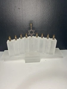 Handcrafted Frosted Lucite & Brass Menorah by Judiana Forever Floral Inc NY - Picture 1 of 11