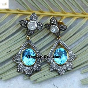 Pave Diamond Earrings Topaz Gemstone Jewelry 925 Silver Gold Plated Earrings - Picture 1 of 4