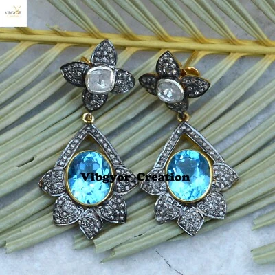 Pave Diamond Earrings Topaz Gemstone Jewelry 925 Silver Gold Plated Earrings - Image 1 of 4
