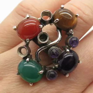 925 Sterling Silver Vintage Real Multi-Color Gem Modernist Ring Size 6.5 - Picture 1 of 7