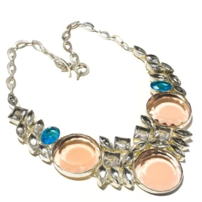 Collar grande redondo de cuarzo ahumado, cuarzo cristalino, piedras preciosas de topacio azul hecho a mano Foto 1 de 3