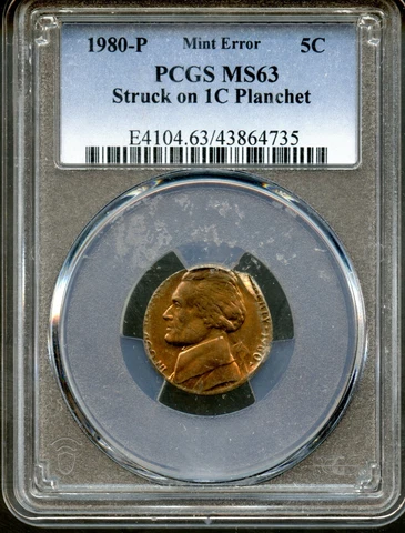 1980 Jefferson Nickel Struck on 1c Blank, Mint Error MS 63 Cover