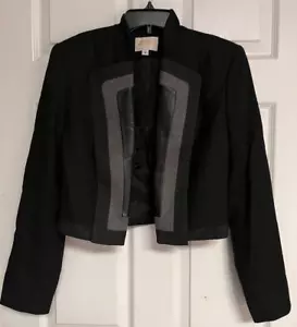ALBERTO MAKALI Black W/ Gray Leather Trim Open Front Cropped LS Wool Jacket Sz 8 - Picture 1 of 10