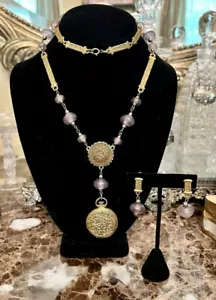 Vintage Goldette Long Locket Necklace Earrings Purple Glass Stone Gold Bar Panel - Picture 1 of 8