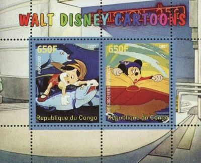 Walt Disney Stamp Cartoon Pinocchio Movie Souvenir Sheet of 2 Stamps MNH - Image 1 of 4