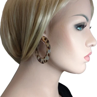 Italy Made Large Statement Wide Brown Animal Print Hoop Earrings Pierced 2 1/4" - Image 1 of 4