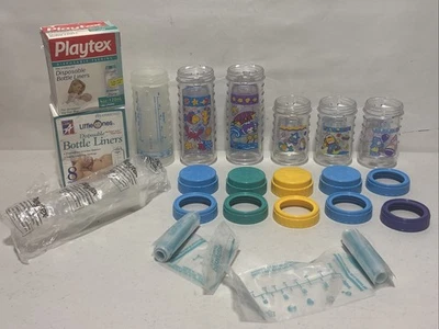 6 Vintage Playtex Decorated Nurser 8 oz & 4 oz Bottles No Nipples w Bags Lot - Image 1 of 4