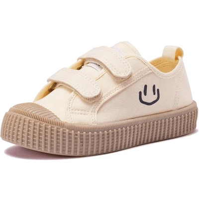 Toddler 8.5 Shoes Sneakers Beige Black Smiley Face Canvas Dual Hook & Loops - Image 1 of 4