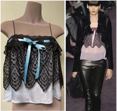 Tom Ford for F/W 2003 Yves Saint Laurent Lace Overlay Blue Chiffon Ribbon Top L - Image 1 of 4