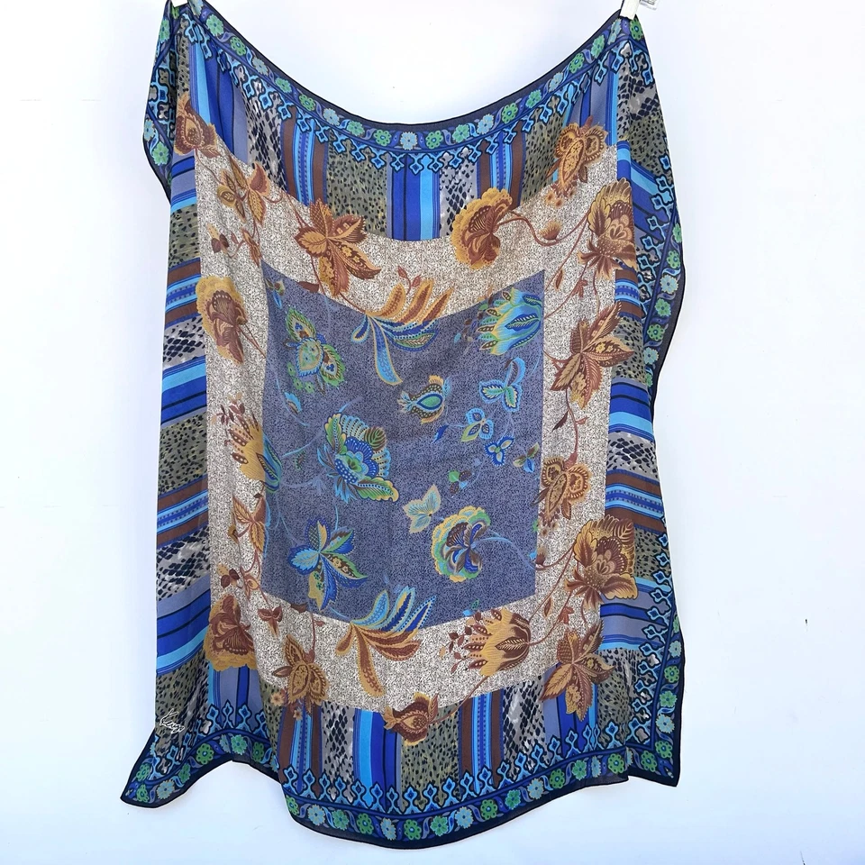 Bufanda cuadrada de seda con estampado floral geométrico Kenzo pañuelo azul arte de pared chal  Foto 1 de 4