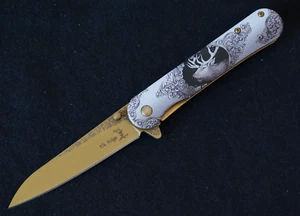 Gold Buck Spring Assist Pocket Knife Victorian Era Style Ornate Full Metal 8” - Picture 1 of 5