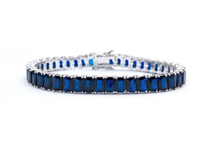 28.00CT Emerald Cut Created Blue Sapphire Tennis Bracelet 925 Sterling Silver 7" - Picture 1 of 7