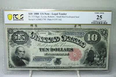 Billete de 10 dólares de 1880 pequeño sello rojo Fr.113 graduación profesional VF25 sin comentarios #1795 Foto 1 de 2