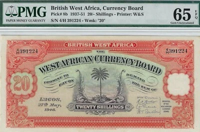 1937 - 51  British West Africa 20 Shillings SN# 4/H 391224 PMG GEM UNC 65 EPQ - Image 1 of 2