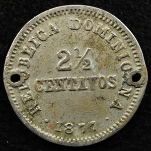 Dominican Republic 2-1/2 Centavos 1877, Coin, Holed Damage, Inv#H972 - Picture 1 of 2