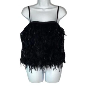 Bebe Faux Feather Tank Top Black Small Silk Cropped Sexy Animal Preloved Rare - Picture 1 of 13