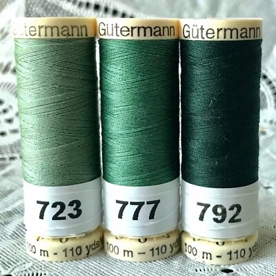 3 NEW different Green colors GUTERMANN 100% polyester thread 110 yard spools - Image 1 of 4