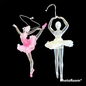 Pair of 2 ACRYLIC PINK BALLERINA w/IRIDESCENT GLITTER XMAS ORNAMENT 6" - Picture 1 of 10