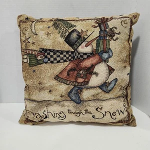 Pat Yuille Christmas Tapestry Pillow - Snowman, Sage Red Cream 15" - Picture 1 of 3
